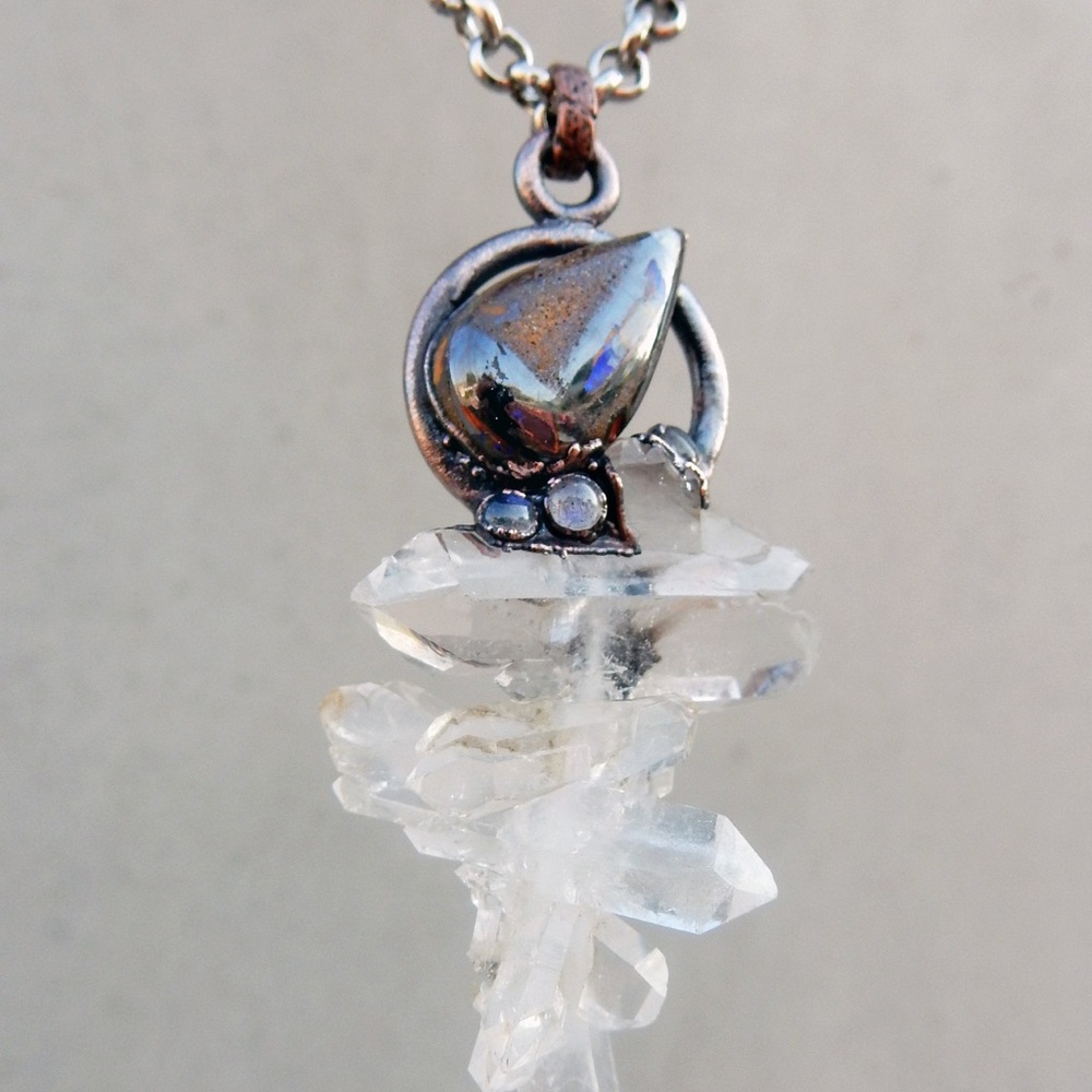 Faden quartz,boulder opal & labradorite necklace w/brookite inclusion